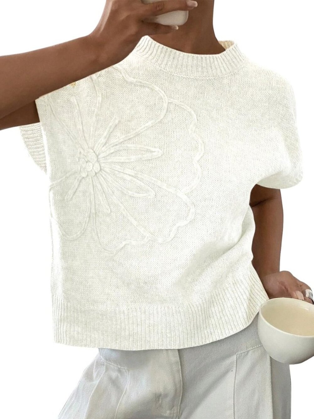 2026 Womens Floral Sweater Vest Cute Cap Sleeve Tops 3D Flower Decor Knit Tank